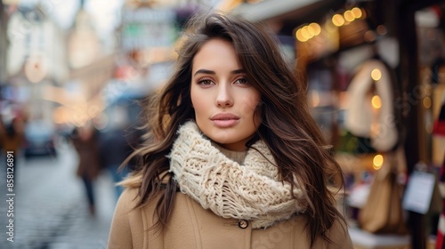 Wallpaper Mural An elegant woman in winter attire, including a large scarf and coat, explores a busy city street with festive lights and people, reflecting urban life and winter fashion. Torontodigital.ca