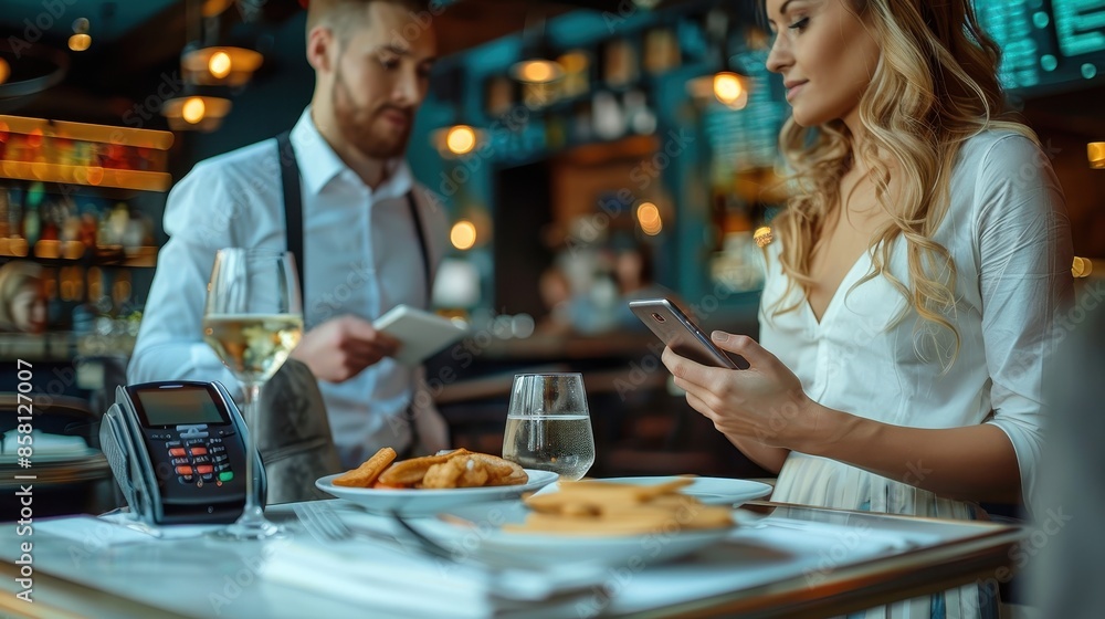 A cafe staff member serves a customer using a tablet and card reader, highlighting a modern cafe setting with warm lights, decor, and a comfortable ambiance. A cafe staff member serves a customer using a tablet and card reader, highlighting a modern cafe setting with warm lights, decor, and a comfortable ambiance.