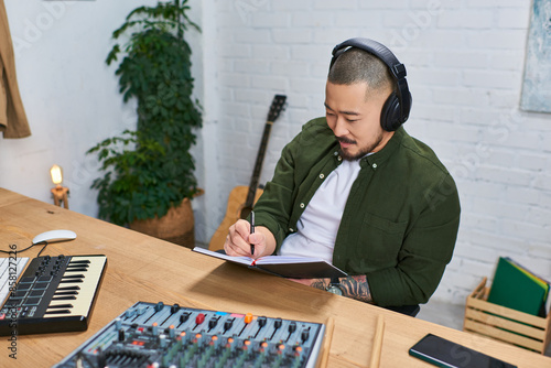 A man in casual attire is working in his studio, surrounded by musical instruments. photo