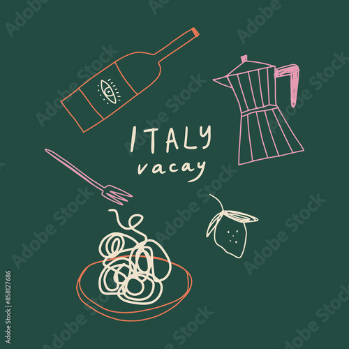 Italy lettering la dolce vita coast doodle food, pasta, lemon, wine bottle and moka pot coffee vector, Italian summer cafe or restaurant vector artwork for t-shirt, menu, graphic typography, hand