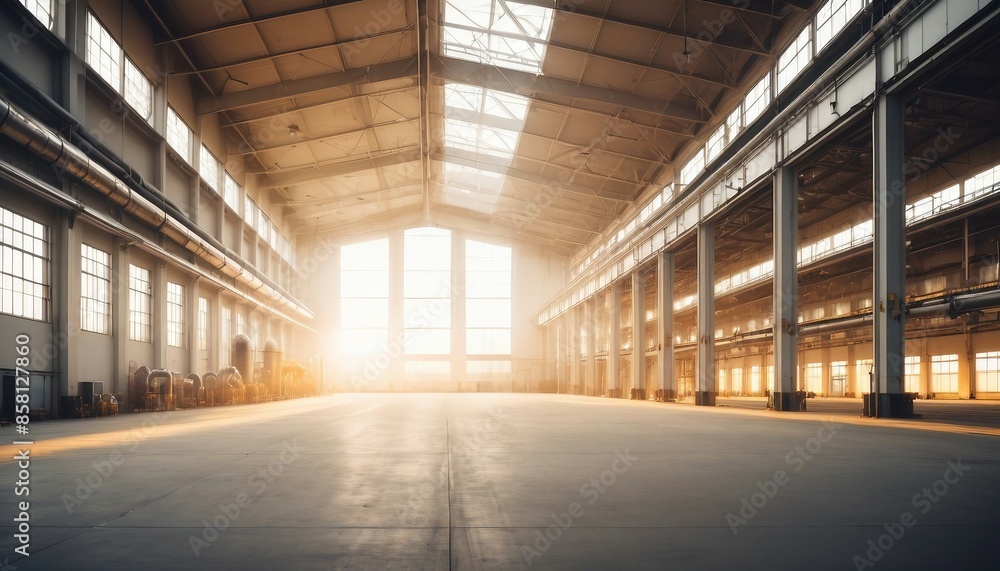 A wide shot of an empty factory hall with industrial air flow pipes and modern equipment
A wide shot of an empty factory hall with industrial air flow pipes and modern equipment