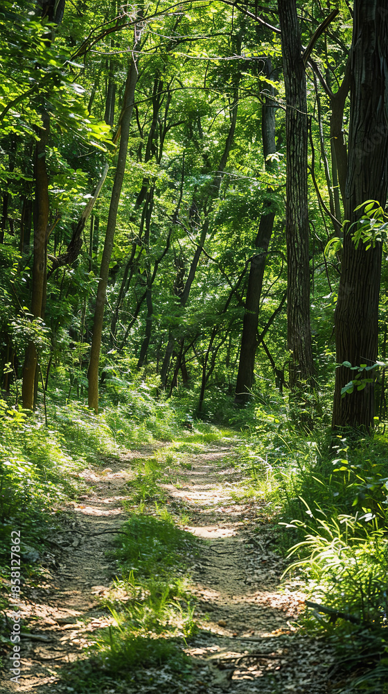 Sunny Summer Hiking Trail Through Lush Green Forest Sunny Summer Hiking Trail Through Lush Green Forest