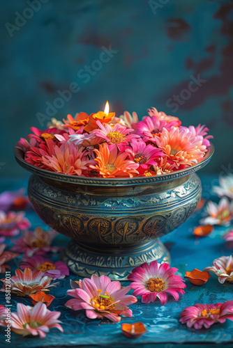 Realistic Diwali scene featuring an urli bowl filled with flowers, with an empty area for text,