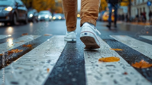 An individual walks through a wet pedestrian crossing wearing white sneakers and brown pants, capturing the movement and dynamics of city life in autumn.