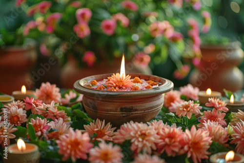 Urli bowl surrounded by flowers on a traditional Diwali background, with space for text, realistic,