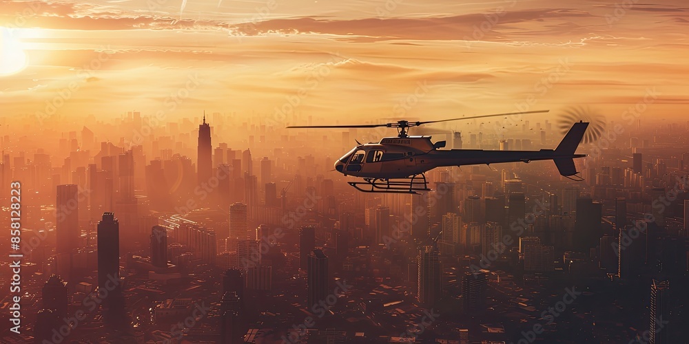Helicopter Over Cityscape at Sunset Helicopter Over Cityscape at Sunset