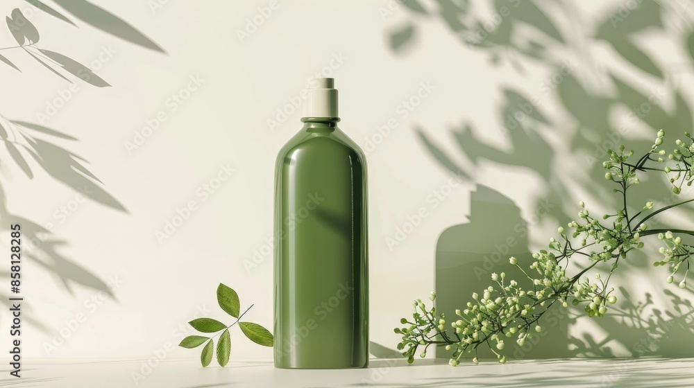 Blank green cosmetics bottle mockup with botanical element on white backdrop Blank green cosmetics bottle mockup with botanical element on white backdrop
