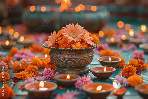 Traditional Diwali scene with an urli bowl and flowers, realistic and with space for text,