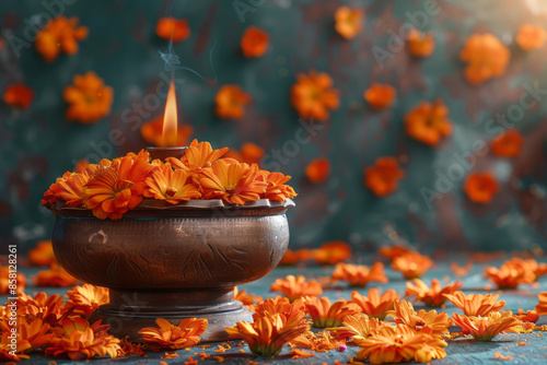 Traditional Diwali scene with an urli bowl and flowers, realistic and with space for text,