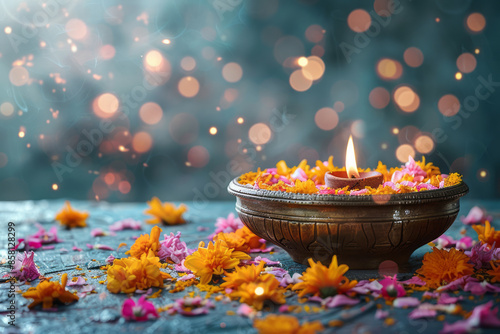 Realistic Diwali background with a flower-filled urli bowl and a blank area for text,