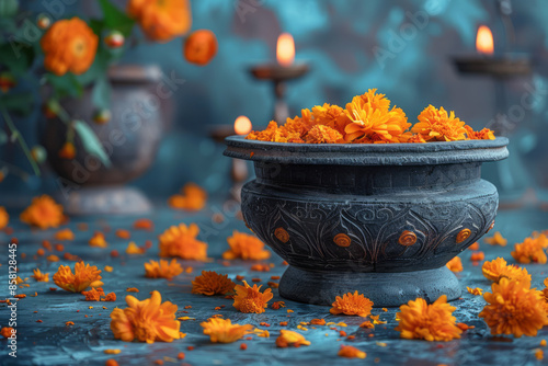 Urli bowl and flowers on a traditional Diwali background, realistic and with space for text,