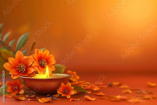 Realistic Diwali scene with an urli bowl and flowers, perfect for text placement,