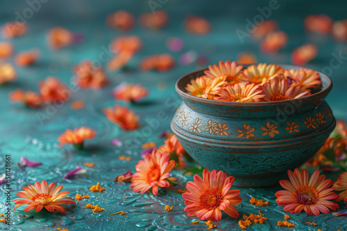 Traditional Diwali background featuring an urli bowl with flowers, realistic and with space for text,