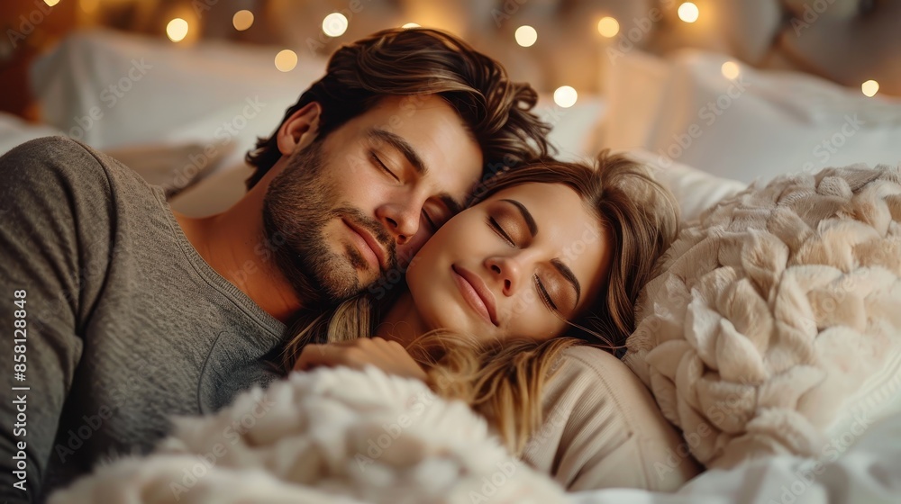 A couple is relaxing together in a cozy bed with warm lights around, embracing a sense of comfort and togetherness in a serene and intimate setting. A couple is relaxing together in a cozy bed with warm lights around, embracing a sense of comfort and togetherness in a serene and intimate setting.