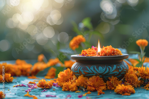 Realistic depiction of a traditional Diwali scene with an urli bowl and flowers, with space for text,