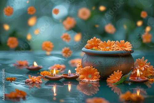 Traditional urli bowl and flowers on a Diwali background, realistic and with space for text,