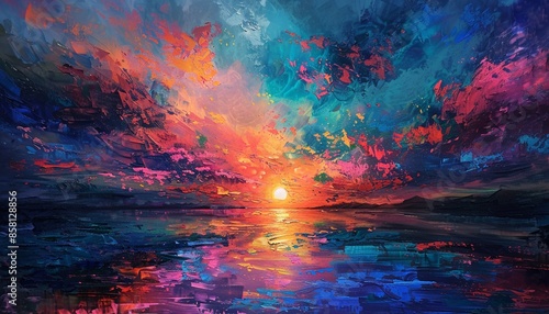 A painting depicting a sunset over the sea