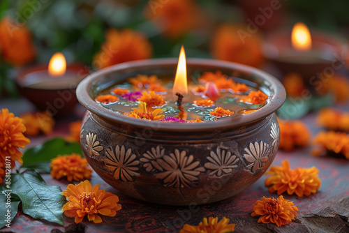 Traditional urli bowl and flowers on a Diwali background, realistic and with space for text,