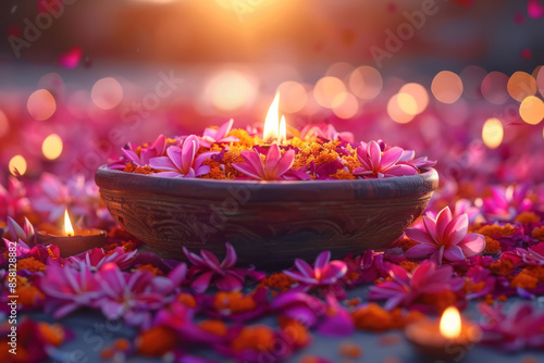 Realistic Diwali background with an urli bowl filled with flowers, with an area for text,