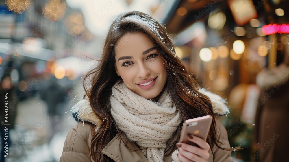A young woman wearing winter clothes and a scarf smiles warmly while holding a smartphone in an outdoor market, with soft snowfall creating a festive atmosphere. A young woman wearing winter clothes and a scarf smiles warmly while holding a smartphone in an outdoor market, with soft snowfall creating a festive atmosphere.