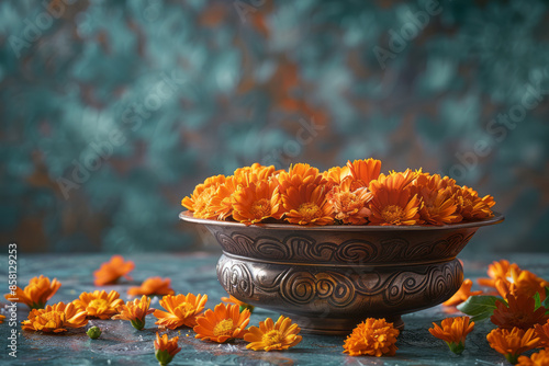 Traditional Diwali background with a flower-filled urli bowl, realistic and with space for text,