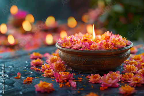 Traditional Diwali background with a flower-filled urli bowl, realistic and with space for text,