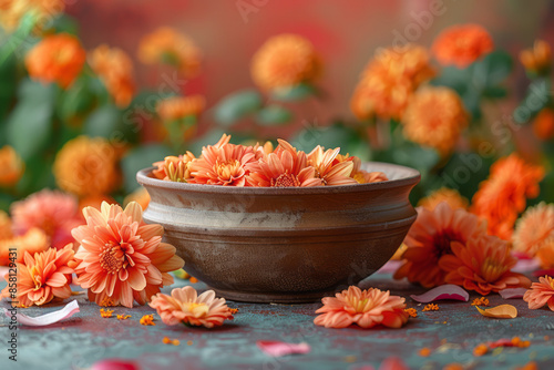 Urli bowl surrounded by flowers on a traditional Diwali background, realistic and with space for text,