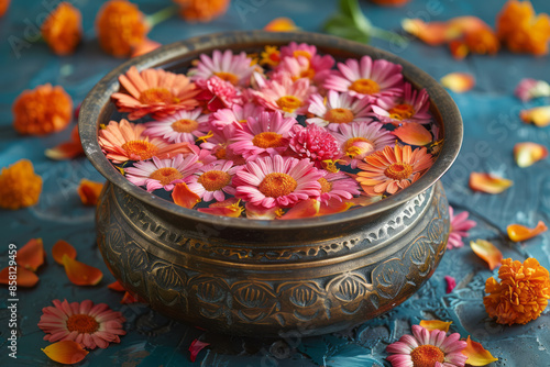 Urli bowl surrounded by flowers on a traditional Diwali background, realistic and with space for text,
