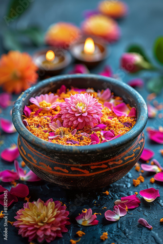 Realistic Diwali background with an urli bowl and flowers, with an area for text,