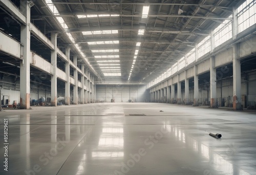 A wide shot of an empty factory hall with industrial air flow pipes and modern equipment 