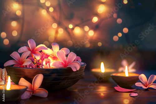 Traditional Diwali scene featuring an urli bowl with flowers, realistic and with space for text,