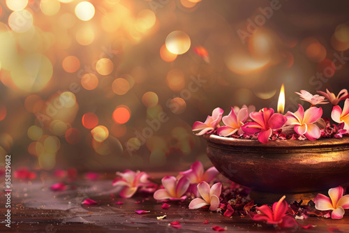 Traditional Diwali scene featuring an urli bowl with flowers, realistic and with space for text,