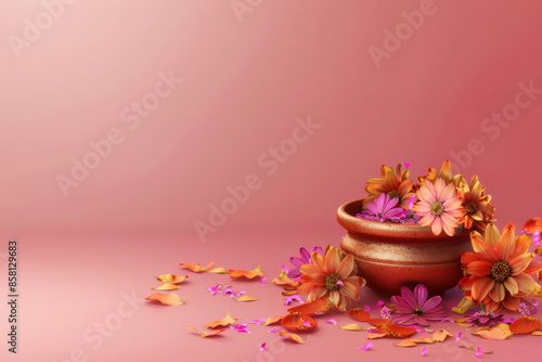 Traditional Diwali scene featuring an urli bowl with flowers, realistic and with space for text,