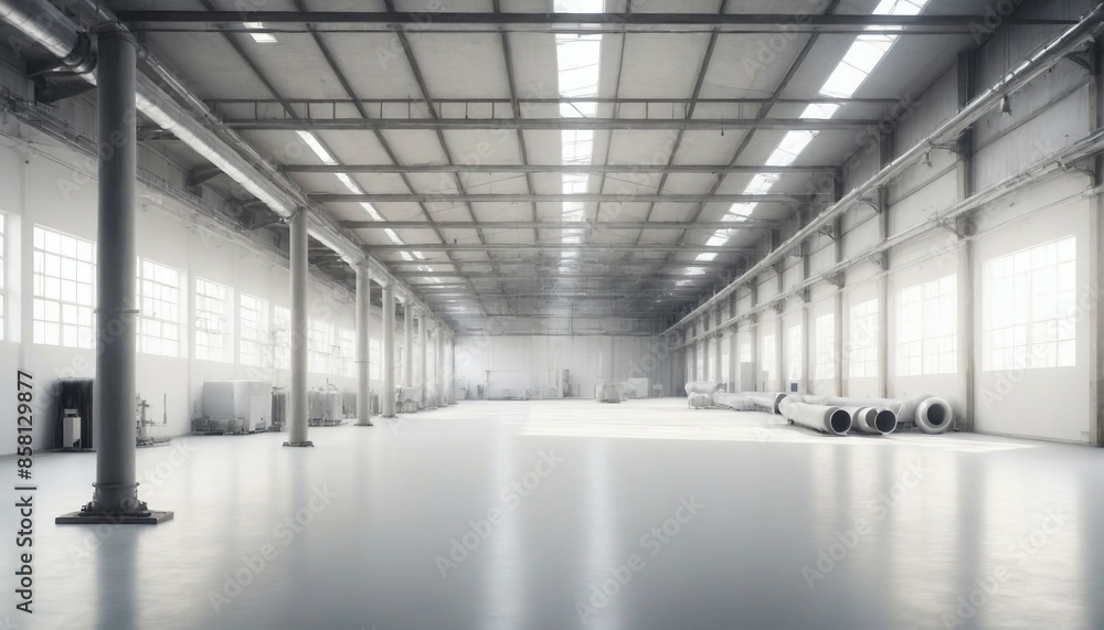 A wide shot of an empty factory hall with industrial air flow pipes and modern equipment
A wide shot of an empty factory hall with industrial air flow pipes and modern equipment