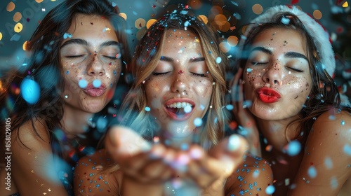 Three women with glitter makeup celebrating, blowing confetti and sparkles in a festive atmosphere, showcasing joy, friendship, and holiday spirit. © Lens Legacy