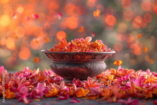 Realistic depiction of an urli bowl and flowers on a Diwali background, with space for text,