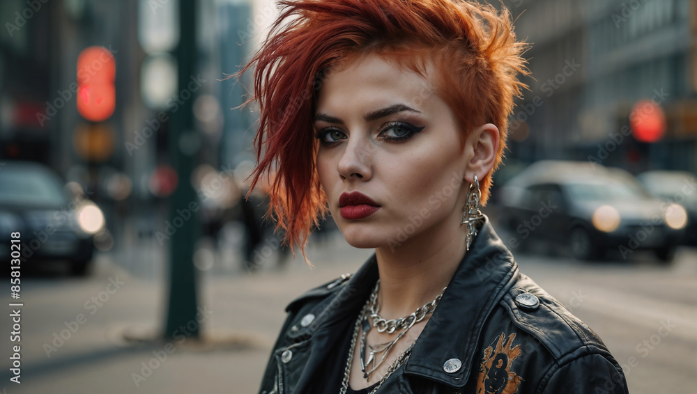 Giovane donna con capelli rossi e vestiti in stile punk in una strada di una città Giovane donna con capelli rossi e vestiti in stile punk in una strada di una città