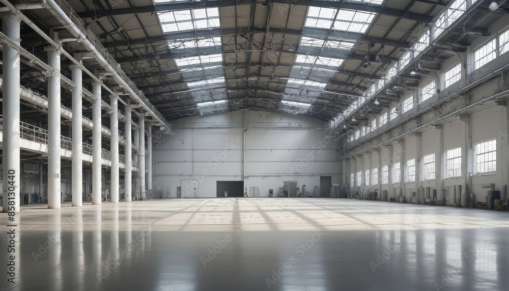 A wide shot of an empty factory hall with industrial air flow pipes and modern equipment
A wide shot of an empty factory hall with industrial air flow pipes and modern equipment