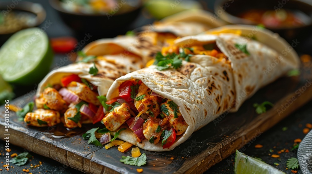 Classic Burrito: Fresh burritos with chicken and fried vegetables served on rustic wooden board. Classic Burrito: Fresh burritos with chicken and fried vegetables served on rustic wooden board.