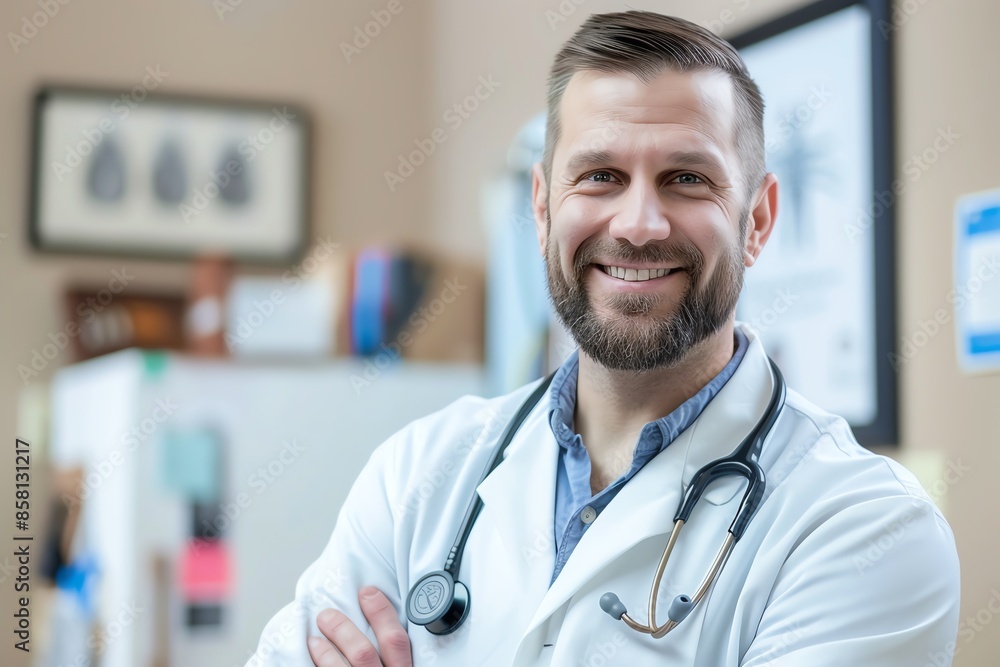 Smiling Doctor in White Coat with Blurred Background in Medical Office Smiling Doctor in White Coat with Blurred Background in Medical Office