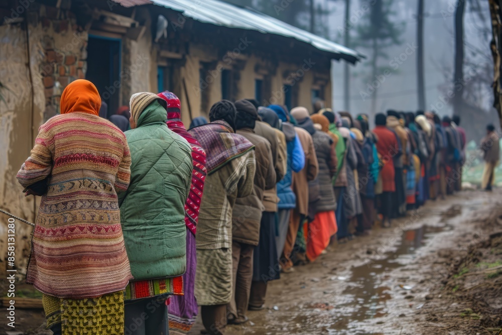 Obraz premium Line of people wearing warm clothing, standing outside a building, waiting for food aid