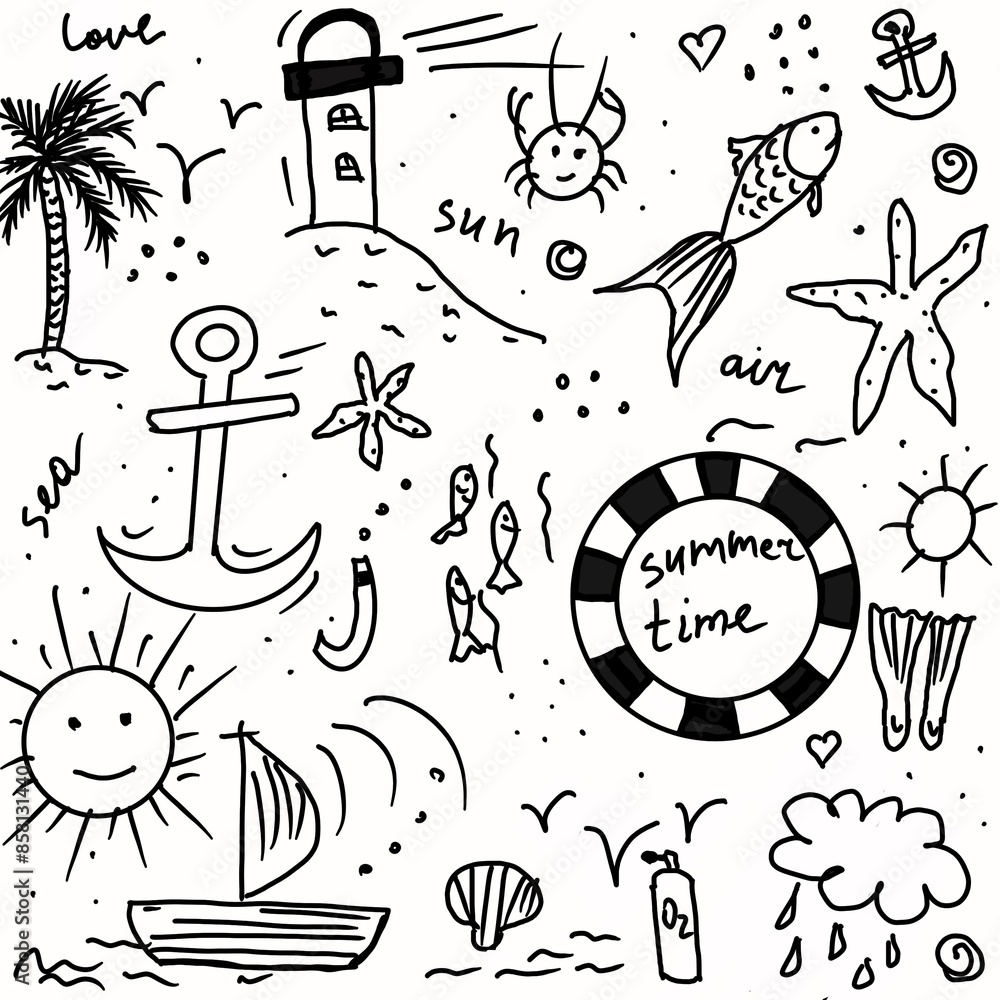 Doodle illusttratio, black and white hand drawn, ceparated elements on white background, summer, nature, leaves