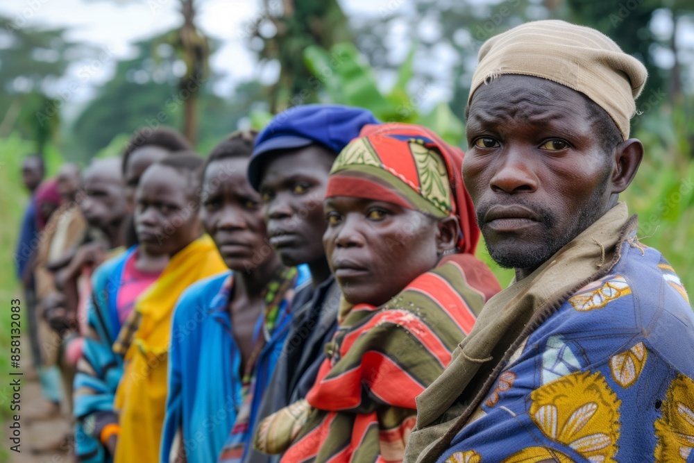 Line of people wearing warm clothing, standing outside a building, waiting for food aid Line of people wearing warm clothing, standing outside a building, waiting for food aid