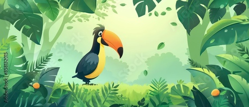 toucan mascot enjoys the lush jungle, playing joyfully amidst tropical plants and colorful wildlife. Ideal for playful and engaging 2D illustrations photo