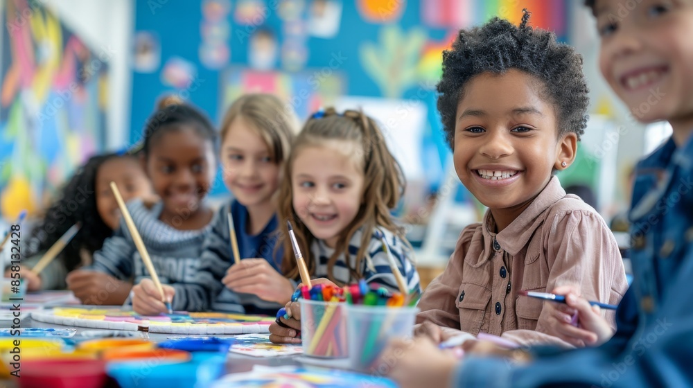 Group Of Diverse Smiling Children In Classroom, Engaged In Art Activities. Bright School Atmosphere