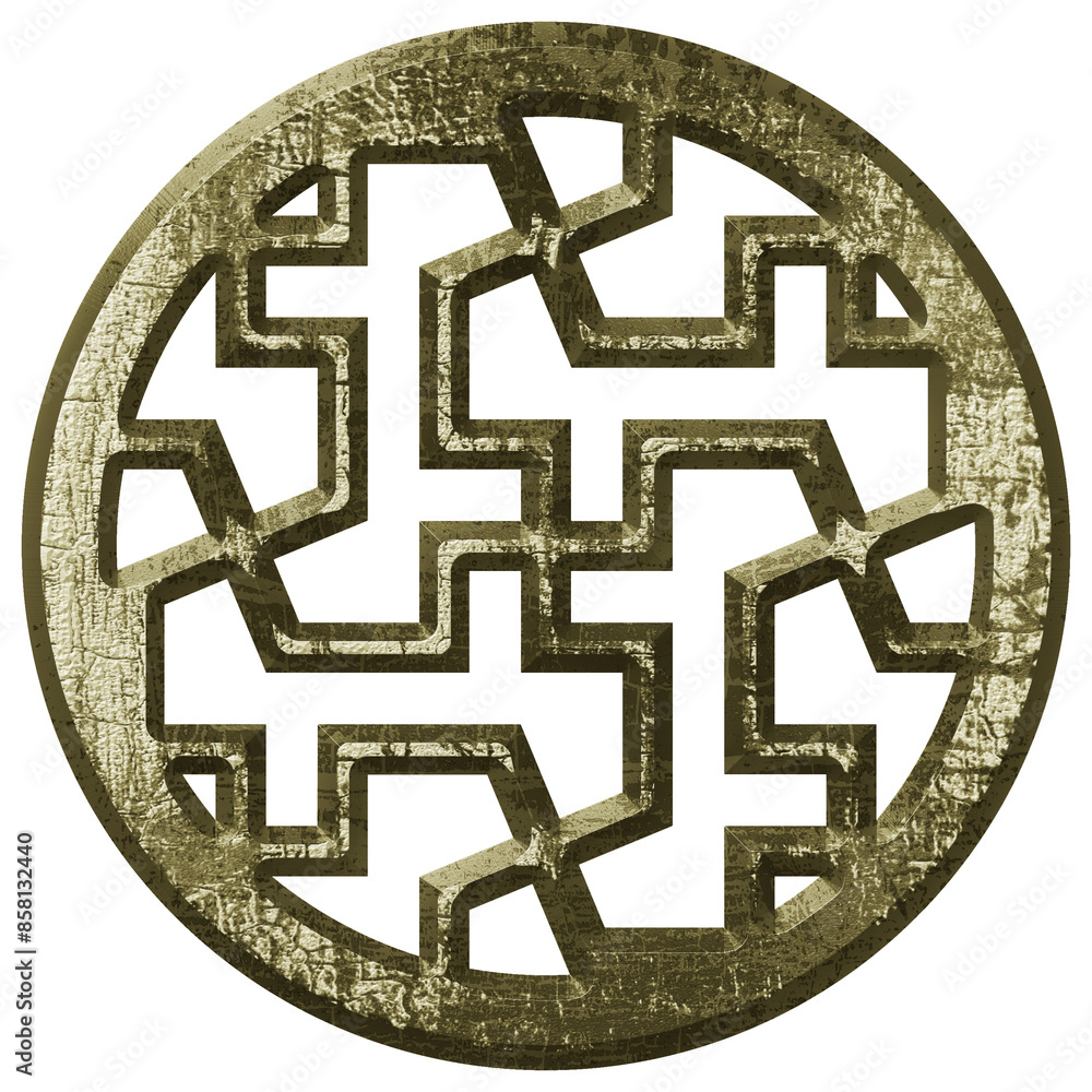 Round frame with arabic lattice pattern. Window grill porthole. Relief geometric ornament, circular 3d panel. Artistic metal casting background. Isolated illustration Round frame with arabic lattice pattern. Window grill porthole. Relief geometric ornament, circular 3d panel. Artistic metal casting background. Isolated illustration