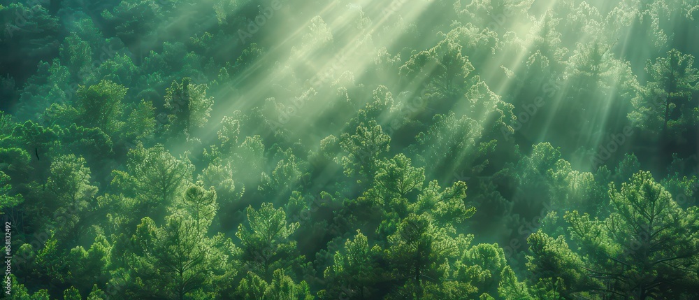 a pine forest, casting a warm glow on the green trees and mist, enhancing the autumnal beauty of the scene a pine forest, casting a warm glow on the green trees and mist, enhancing the autumnal beauty of the scene