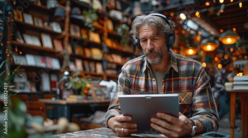 An elderly man wearing headphones and using a tablet sits in a whimsical cafe with an eclectic mix of books and warm decor, deeply engaged in his reading material.