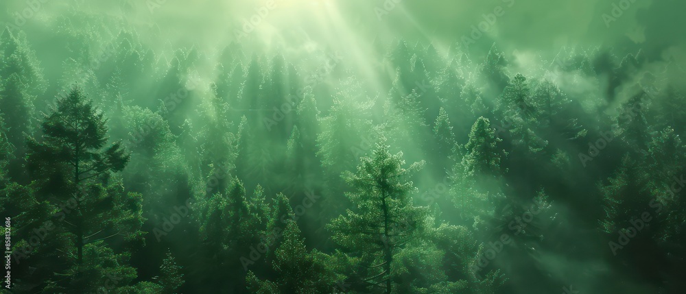 a pine forest, casting a warm glow on the green trees and mist, enhancing the autumnal beauty of the scene a pine forest, casting a warm glow on the green trees and mist, enhancing the autumnal beauty of the scene