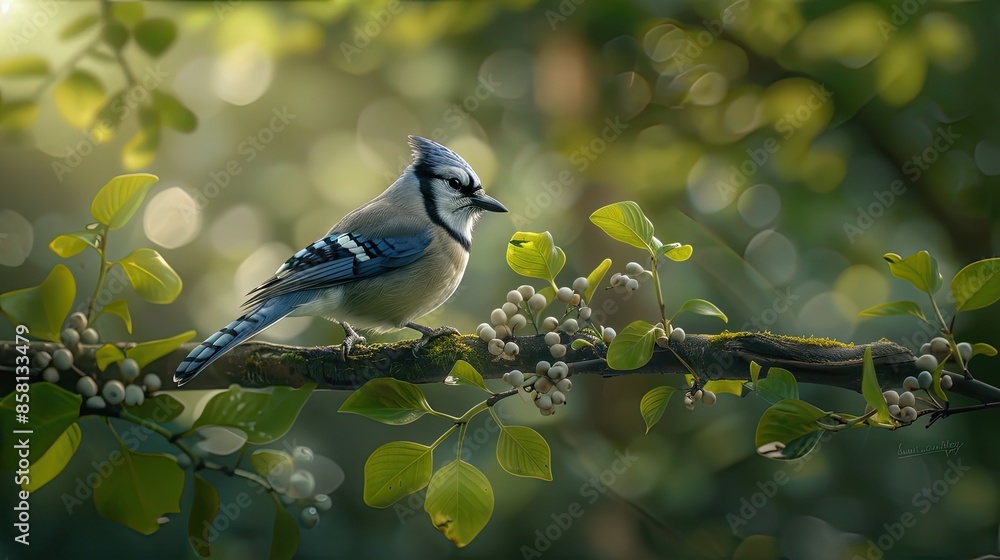 Obraz premium A blue jay perches on a branch, its blue feathers contrasting with the green foliage